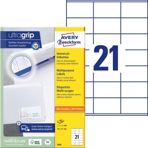 ETYKIETY UNIWERSALNE AVERY ZWECKFORM TRWAŁE 70 X 41 MM 21 ETYKIET/A4 (+) ETYKIETY UNIWERSALNE AVERY ZWECKFORM TRWAŁE 70 X 41 MM 21 ETYKIET/A4 (+)