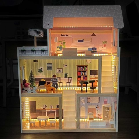 Domek dla lalek drewniany Led 62x27x77 cm + 3 lalki + kotek i piesek Domek dla lalek drewniany Led 62x27x77 cm + 3 lalki + kotek i piesek