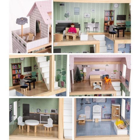 Domek dla lalek drewniany Led 62x27x77 cm + 3 lalki + kotek i piesek Domek dla lalek drewniany Led 62x27x77 cm + 3 lalki + kotek i piesek