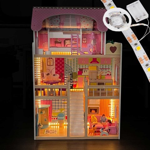 Domek dla lalek drewniany Led XXXL 60x33x90 cm - 3 lalki , kotek i piesek Domek dla lalek drewniany Led XXXL 60x33x90 cm - 3 lalki , kotek i piesek