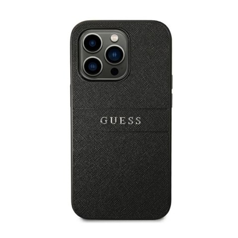 Guess Saffiano Metal Logo Stripes - Etui iPhone 14 Pro (czarny) Guess Saffiano Metal Logo Stripes - Etui iPhone 14 Pro (czarny)