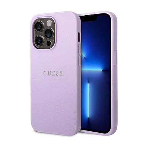 Guess Saffiano Metal Logo Stripes - Etui iPhone 14 Pro (liliowy) Guess Saffiano Metal Logo Stripes - Etui iPhone 14 Pro (liliowy)