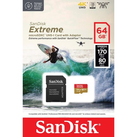 SanDisk Extreme microSDXC - Karta pamięci 64 GB A2 V30 UHS-I U3 170/80 MB/s z adapterem SanDisk Extreme microSDXC - Karta pamięci 64 GB A2 V30 UHS-I U3 170/80 MB/s z adapterem