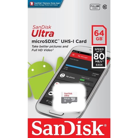 SanDisk Ultra microSDXC - Karta pamięci 64 GB Class 10 UHS-I 100MB/s z adapterem SanDisk Ultra microSDXC - Karta pamięci 64 GB Class 10 UHS-I 100MB/s z adapterem