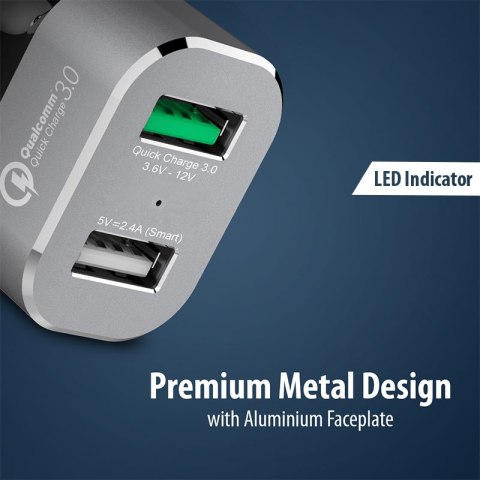 Crong Power Car Charger 30W - Ładowarka samochodowa USB QuickCharge 3.0 + USB 2.4A (aluminium) Crong Power Car Charger 30W - Ładowarka samochodowa USB QuickCharge 3.0 + USB 2.4A (aluminium)