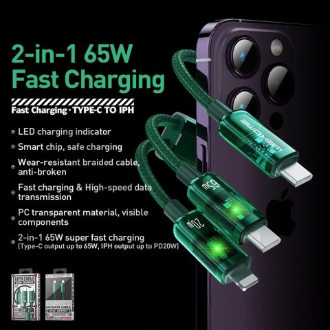 WEKOME WDC-194 Vanguard Series - Kabel połączeniowy 2w1 USB-C do USB-C + Lightning Super Fast Charging 65W 1 m (Zielony) WEKOME WDC-194 Vanguard Series - Kabel połączeniowy 2w1 USB-C do USB-C + Lightning Super Fast Charging 65W 1 m (Zielony)
