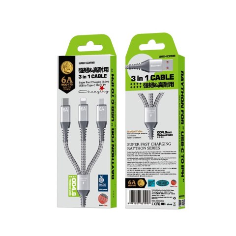 WEKOME WDC-170 Raython Series - Kabel połączeniowy 3w1 USB-A do USB-C + Lightning + Micro USB Fast Charging PD 1.2 m (Srebrny) WEKOME WDC-170 Raython Series - Kabel połączeniowy 3w1 USB-A do USB-C + Lightning + Micro USB Fast Charging PD 1.2 m (Srebrny)