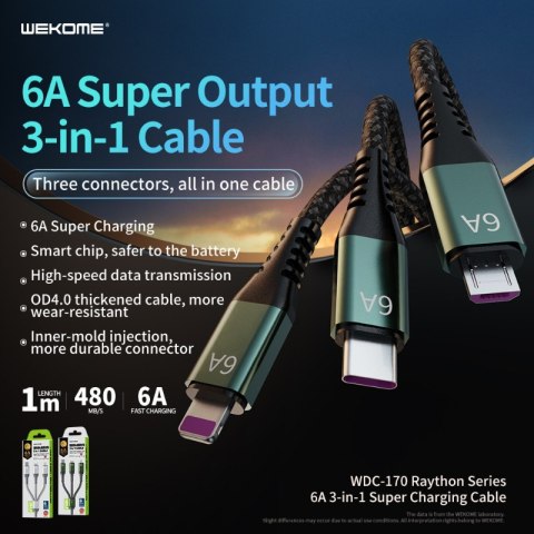 WEKOME WDC-170 Raython Series - Kabel połączeniowy 3w1 USB-A do USB-C + Lightning + Micro USB Fast Charging PD 1.2 m (Srebrny) WEKOME WDC-170 Raython Series - Kabel połączeniowy 3w1 USB-A do USB-C + Lightning + Micro USB Fast Charging PD 1.2 m (Srebrny)