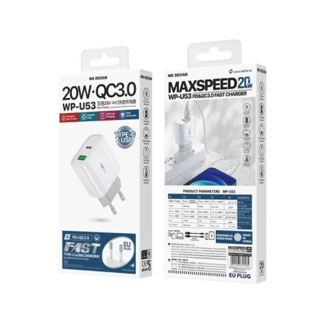 WEKOME WP-U53 Maxspeed - Ładowarka sieciowa USB-C PD 20W & USB-A QC3.0 18W Fast Charger (Biały) WEKOME WP-U53 Maxspeed - Ładowarka sieciowa USB-C PD 20W & USB-A QC3.0 18W Fast Charger (Biały)