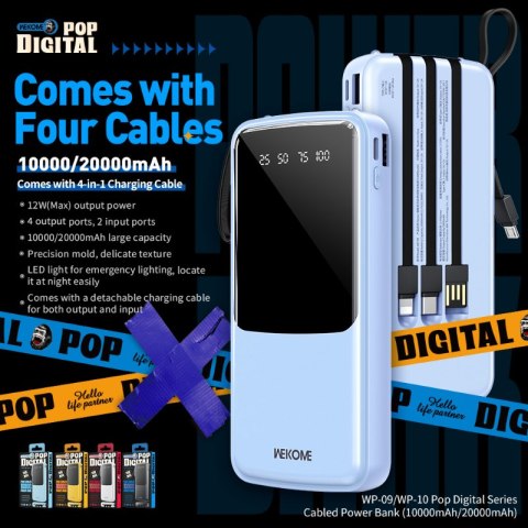 WEKOME WP-10 Pop Digital Series - Power bank 20000 mAh z wbudowanym kablem USB-C / Lightning / Micro USB + USB-A (Czarny) WEKOME WP-10 Pop Digital Series - Power bank 20000 mAh z wbudowanym kablem USB-C / Lightning / Micro USB + USB-A (Czarny)