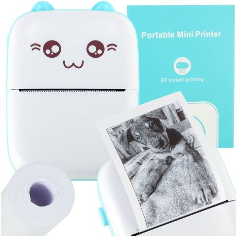 Drukarka mini termiczna do zdjęć etykiet + kabel USB kot niebieski Drukarka mini termiczna do zdjęć etykiet + kabel USB kot niebieski