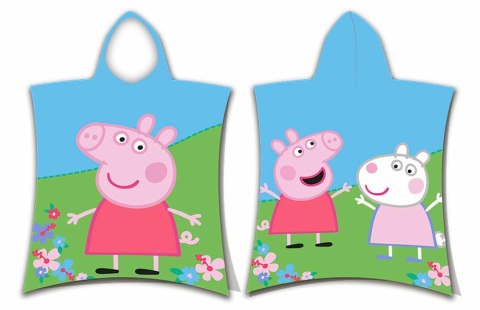 Poncho dla dzieci 50x115 Świnka Peppa Pig 7612 ręcznik z kapturem łąka kwiatki niebieski zielony