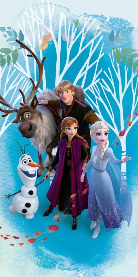 Ręcznik plażowy 70x140 Frozen 2924 Kraina Lodu Anna Elsa Kristoff Sven i Olaf las niebieski