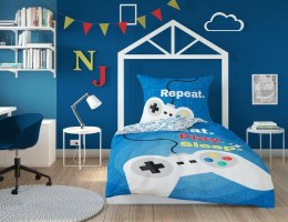 Pościel bawełniana 140x200 Gamer pady 3623 A Gra Eat Play Sleep Jedz Graj Śpij niebieska 0067 dla gracza młodzieżowa Holland Col