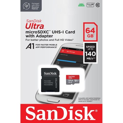 SanDisk Ultra microSDXC - Karta pamięci 64 GB A1 Class 10 UHS-I U1 140 MB/s z adapterem SanDisk Ultra microSDXC - Karta pamięci 64 GB A1 Class 10 UHS-I U1 140 MB/s z adapterem