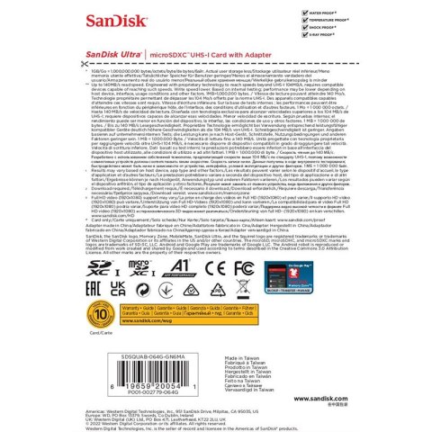 SanDisk Ultra microSDXC - Karta pamięci 64 GB A1 Class 10 UHS-I U1 140 MB/s z adapterem SanDisk Ultra microSDXC - Karta pamięci 64 GB A1 Class 10 UHS-I U1 140 MB/s z adapterem