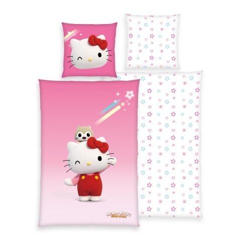 Pościel bawełniana 140x200 Hello Kitty gwiazdki różowa poszewka 70x90 H24