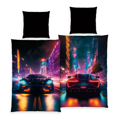 Posciel bawełniana 140x200 Neon Car czarna kolorowa poszewka 70x90 H24