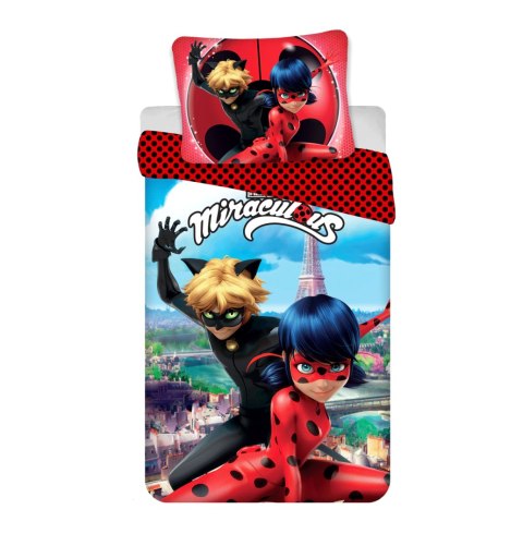 Pościel bawełniana 140x200 Biedronka i Czarny Kot Ladybug Miraculous czerwona w czarne kropki JF24