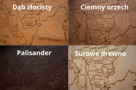 Drewniana mapa świata z granicami i nazwami państw, 4 kolory Drewniana mapa świata z granicami i nazwami państw, 4 kolory