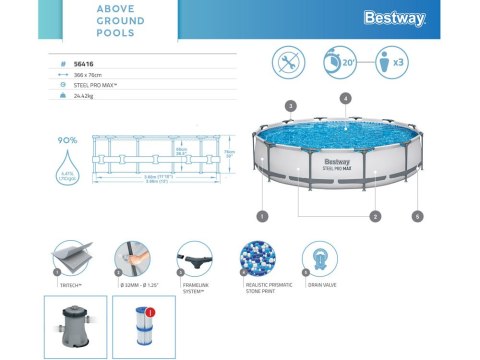 Bestway Basen STELAŻOWY 6,473L 366x76cm 7w1 pompa + filtr 56416 Bestway Basen STELAŻOWY 6,473L 366x76cm 7w1 pompa + filtr 56416