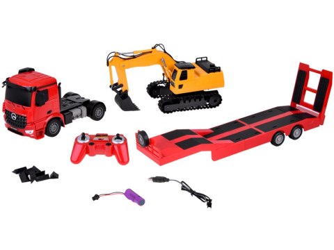 Zestaw na pilota Mercedes Ciężarówka + Naczepa Koparka w skali 1:26 RC0693 Zestaw na pilota Mercedes Ciężarówka + Naczepa Koparka w skali 1:26 RC0693