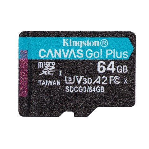 Kingston Canvas Go Plus microSDXC - Karta pamięci 64GB A2 V30 Class 10 UHS-I U3 170/70 Mb/s z adapterem Kingston Canvas Go Plus microSDXC - Karta pamięci 64GB A2 V30 Class 10 UHS-I U3 170/70 Mb/s z adapterem