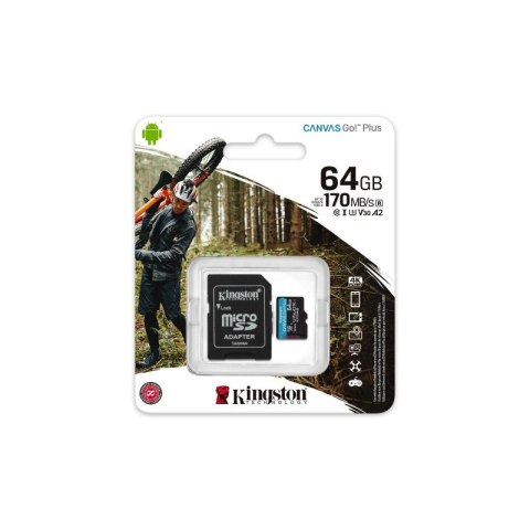 Kingston Canvas Go Plus microSDXC - Karta pamięci 64GB A2 V30 Class 10 UHS-I U3 170/70 Mb/s z adapterem Kingston Canvas Go Plus microSDXC - Karta pamięci 64GB A2 V30 Class 10 UHS-I U3 170/70 Mb/s z adapterem