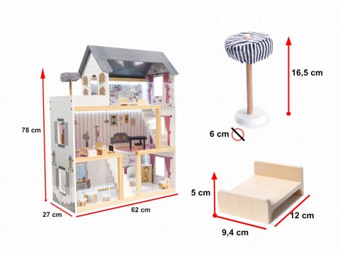 Domek dla lalek MDF drewniany z akcesoriami LED 78cm czarny Domek dla lalek MDF drewniany z akcesoriami LED 78cm czarny