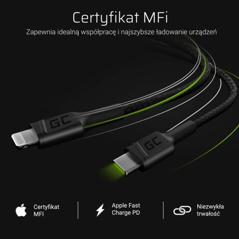 Green Cell Power Stream - Kabel Przewód USB-C - Lightning 100 cm ze wsparciem Power Delivery (Apple MFi Certified) Green Cell Power Stream - Kabel Przewód USB-C - Lightning 100 cm ze wsparciem Power Delivery (Apple MFi Certified)