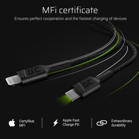 Green Cell Power Stream - Kabel Przewód USB-C - Lightning 100 cm ze wsparciem Power Delivery (Apple MFi Certified) Green Cell Power Stream - Kabel Przewód USB-C - Lightning 100 cm ze wsparciem Power Delivery (Apple MFi Certified)