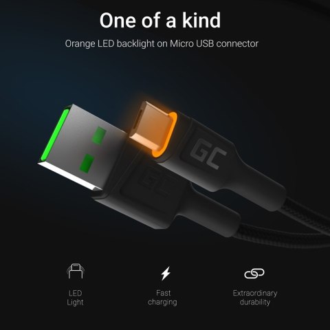Green Cell Ray - Kabel Przewód USB - Micro USB 200cm z pomarańczowym podświetleniem LED, szybkie ładowanie Ultra Charge, QC 3.0 Green Cell Ray - Kabel Przewód USB - Micro USB 200cm z pomarańczowym podświetleniem LED, szybkie ładowanie Ultra Charge, QC 3.0