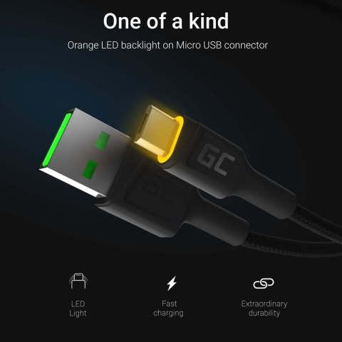 Green Cell Ray - Kabel Przewód USB - microUSB 120cm z żółtym podświetleniem LED, szybkie ładowanie Ultra Charge, QC3.0 Green Cell Ray - Kabel Przewód USB - microUSB 120cm z żółtym podświetleniem LED, szybkie ładowanie Ultra Charge, QC3.0