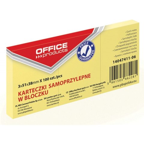 KARTECZKI OFFICE PRODUCTS 38 X 51 MM ŻÓŁTE (3 X 100)