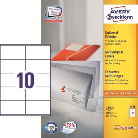 ETYKIETY UNIWERSALNE AVERY ZWECKFORM TRWAŁE 105 X 57 MM. 10 ETYKIET/A4 (+) ETYKIETY UNIWERSALNE AVERY ZWECKFORM TRWAŁE 105 X 57 MM. 10 ETYKIET/A4 (+)
