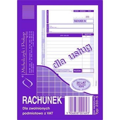 RACHUNEK DLA ZWOLNIONYCH Z VAT DLA USŁUG (PION). (O+1K) MICHALCZYK I PROKOP A6